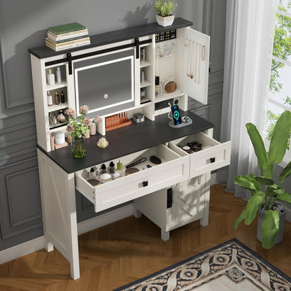 Farmhouse Makeup Vanity Desk with Sliding Mirror and Lights, 42" White Vanity Set with Charging Station & 2 Drawers & 2 Cabinets, Dressing Table for Bedroom (White)