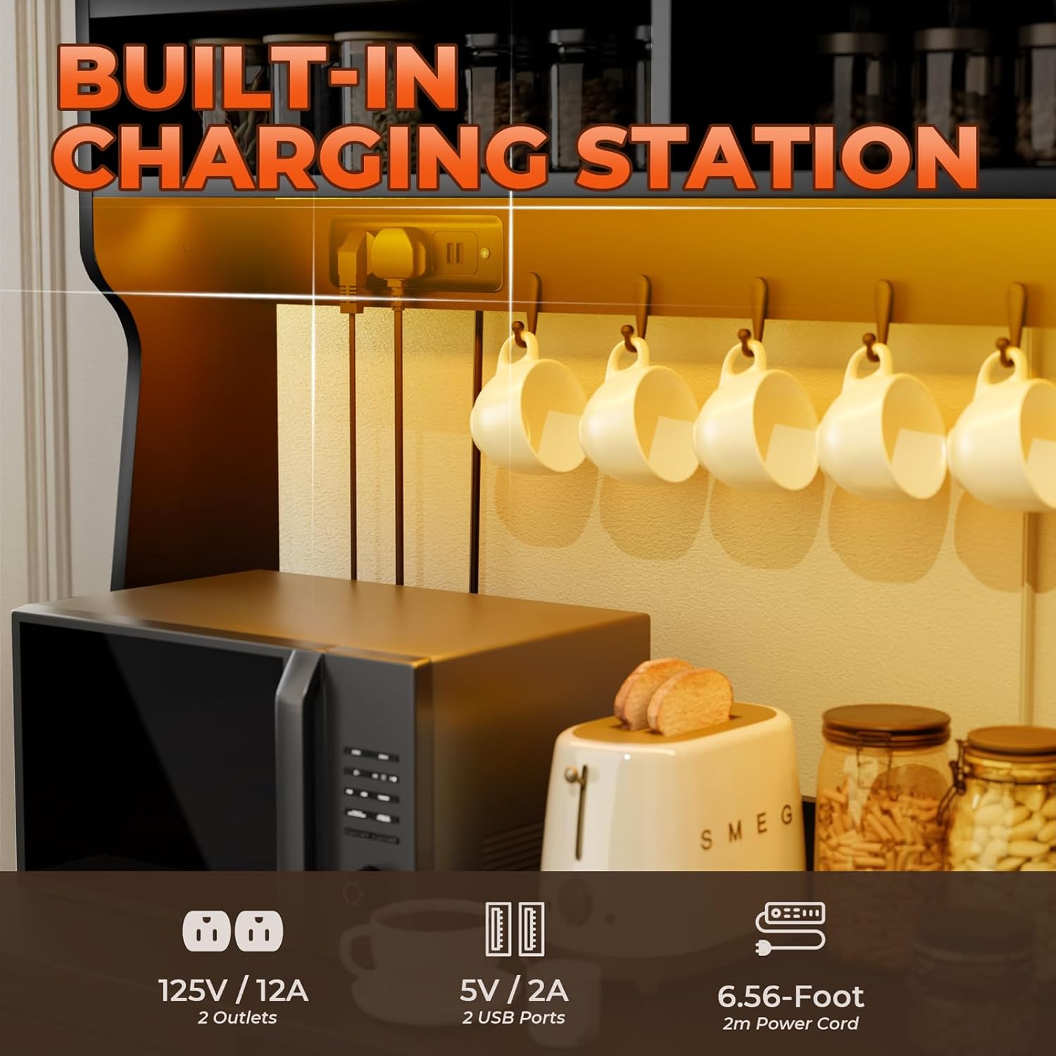 Farmhouse Kitchen Pantry Cabinet with Power Outlet & LED Light, Large Coffee Bar Cupboard with Microwave Stand, 3 Doors & 3 Drawers, 7 Cup Holders & 8 Open Cubbies, Adjusted Shelves (Black)