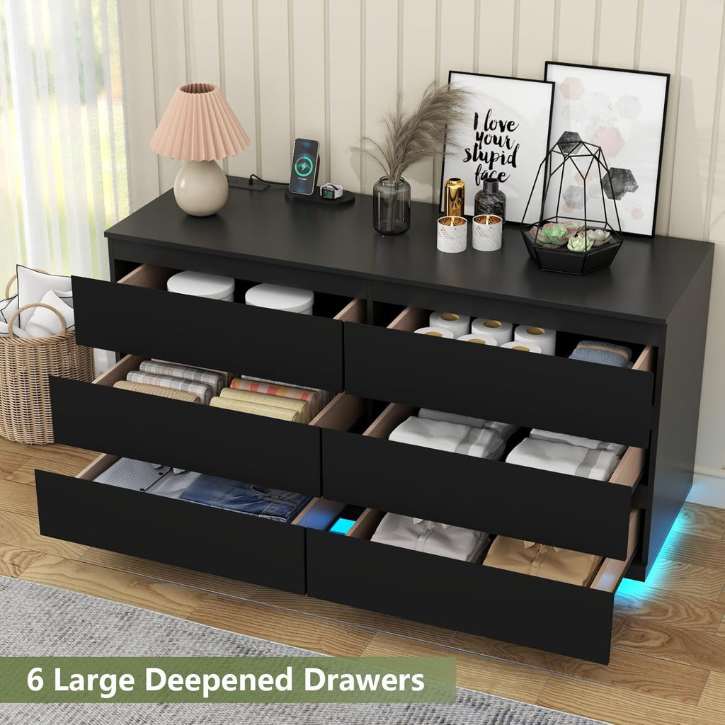 6 Drawer Dresser with Power Outlet, Floating White Dresser Chest of Drawer with LED Light,Modern Double Wide Drawer Organizer Cabinet for Bedroom,Living Room (Black)