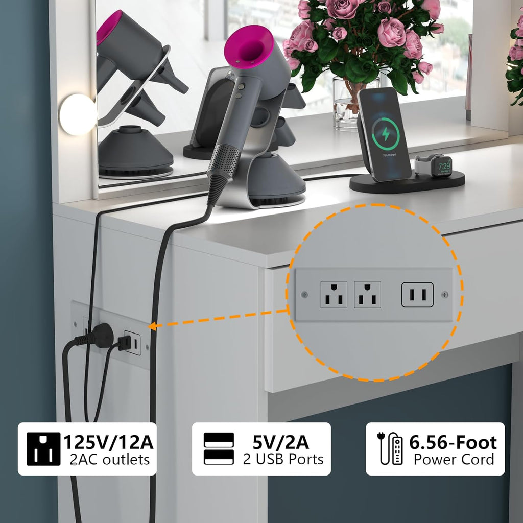 39 Inches White Vanity Desk with Lights, 6-Drawers Makeup Vanity Table with Power Strip and Storage Shelves, Dressing Table with Lighted Mirror for Women Girls