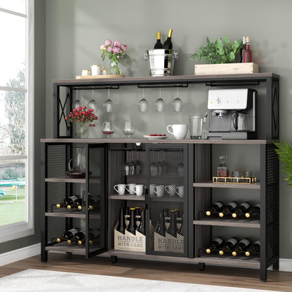 Wine Bar Cabinet with Drawer and LED Lights, 55 Inches Industry Coffee Bar Cabinet with Wine Rack and Glass Goblet Holder, Kitchen Sideboard Buffet Cabinet for Liquor and Goblet