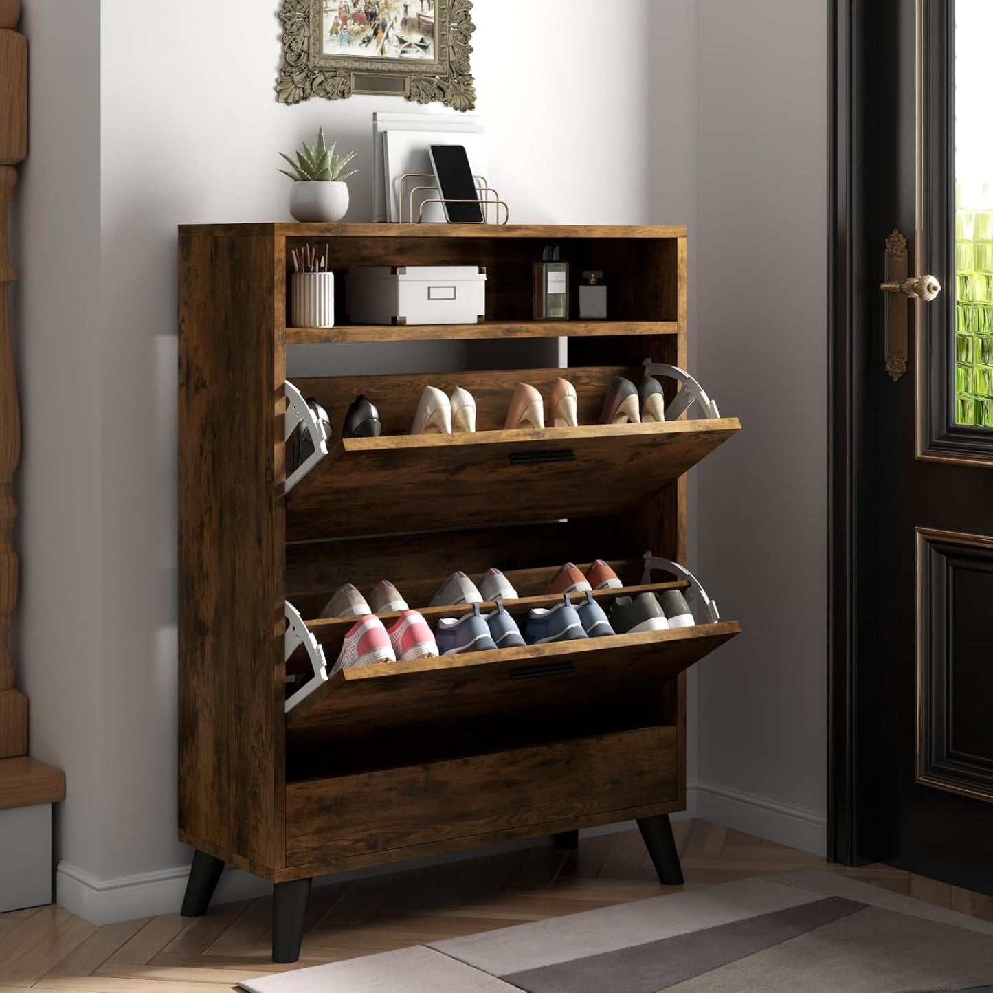 Entryway Shoe Storage Cabinet with 2 Flip Drawers, FreestandingShoe Organizer with Open Storage Space for Entryway, Narrow Shoe Rack Cabinet wih Rustic Brown Finsh (Rustic)