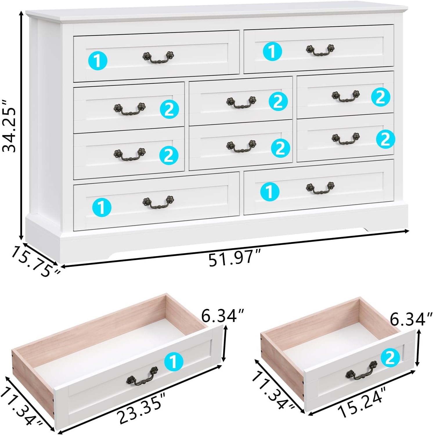 Farmhouse 10 Drawer Dresser, 52 Inch White Chest of Drawer Dresser for Bed Room with Vintage Handle, Storage Dressers Organizer for Bedroom, Living Room and Hallway