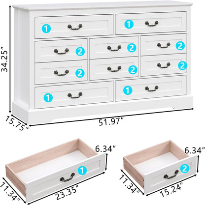 Farmhouse 10 Drawer Dresser, 52 Inch White Chest of Drawer Dresser for Bed Room with Vintage Handle, Storage Dressers Organizer for Bedroom, Living Room and Hallway