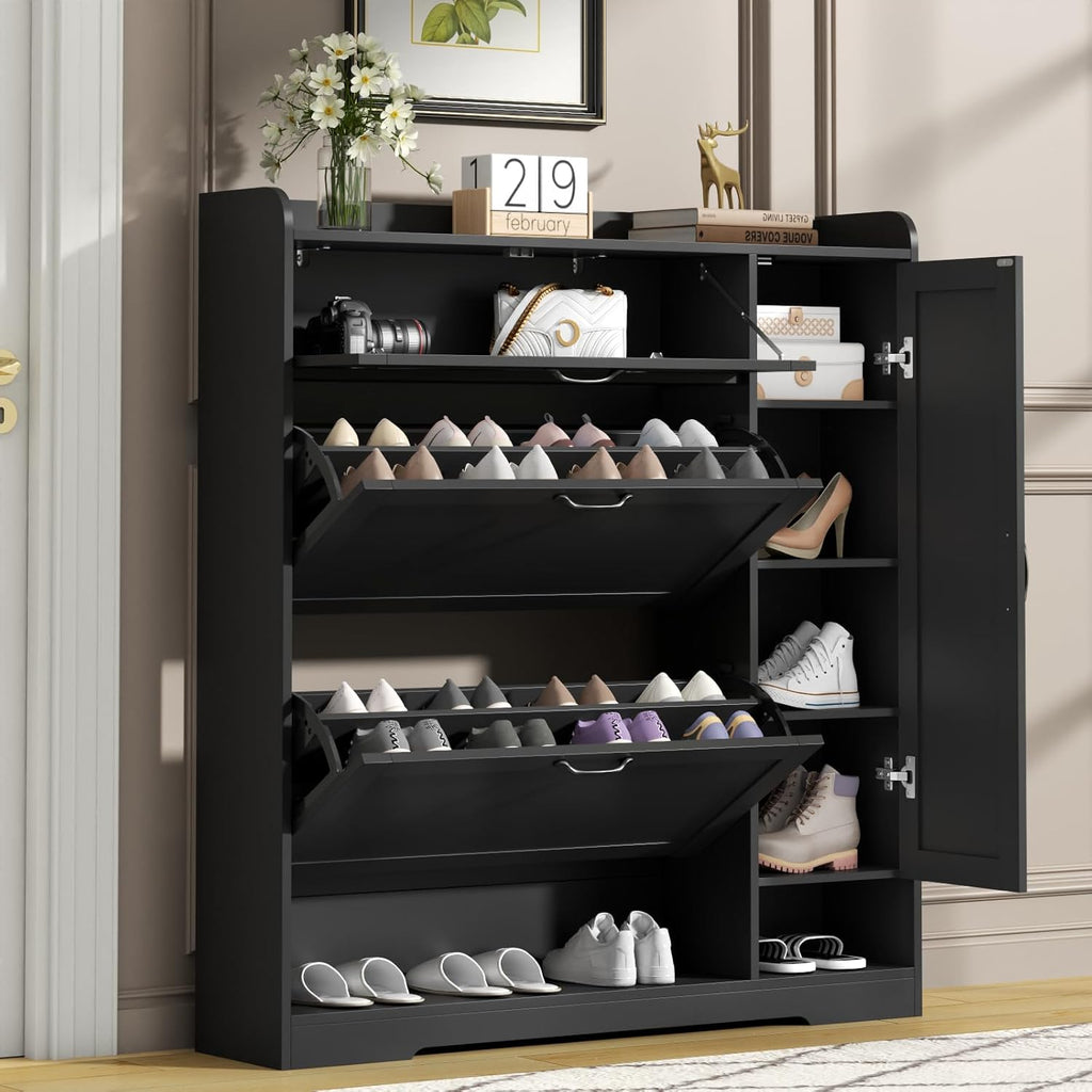 Shoe Cabinet with 2 Flip Drawers & 1 Drawer, Shoe Storage Cabinet with Sidecabinet for Entryway, Slim Freestanding Shoe Cabinet Organizer with Adjustable shelf, Narrow Hidden Shoe Rack, Black