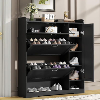 Shoe Cabinet with 2 Flip Drawers & 1 Drawer, Shoe Storage Cabinet with Sidecabinet for Entryway, Slim Freestanding Shoe Cabinet Organizer with Adjustable shelf, Narrow Hidden Shoe Rack, Black