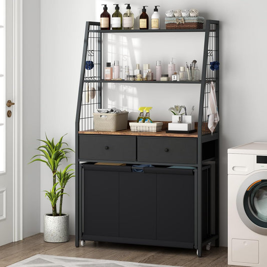 Laundry Hamper Laundry Basket with 3 Section Pull-Out Rolling Bags & 2-Tier Storage Shelf, Laundry Sorter for Organization and Storage with 2 Drawers for Laundry Room, Bathroom
