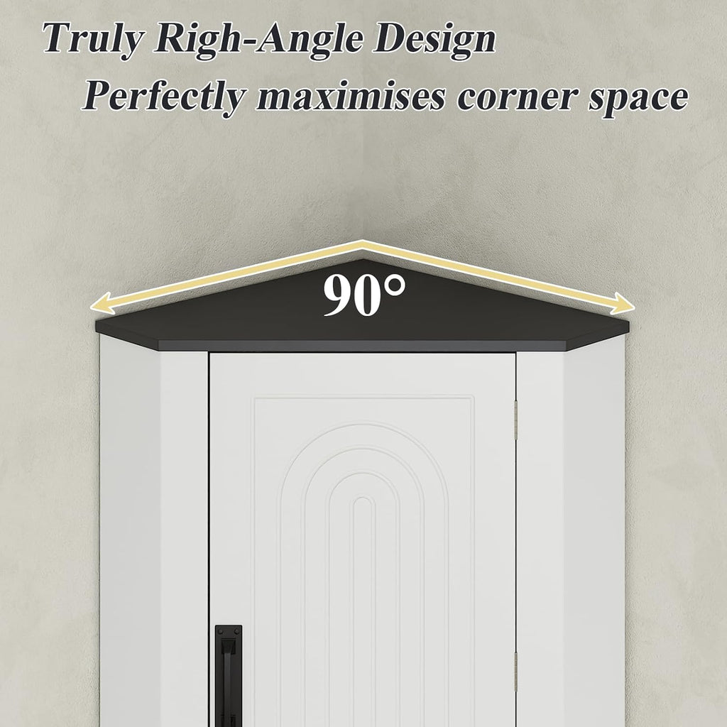 Corner Cabinet, Freestanding Kitchen Pantry Storage Cabinet, White Fluted