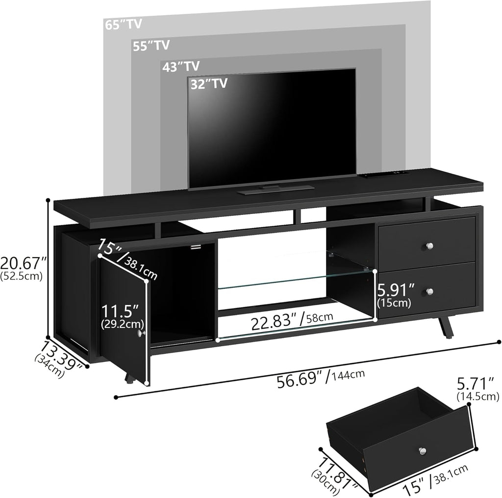 TV Stand for 65 Inch TV, LED Light Entertainment Center with Power Outlet and Storage Drawers & Cabinets, Modern Wood Media TV Console with Glass Shelves for Living Room Bedroom (Black)