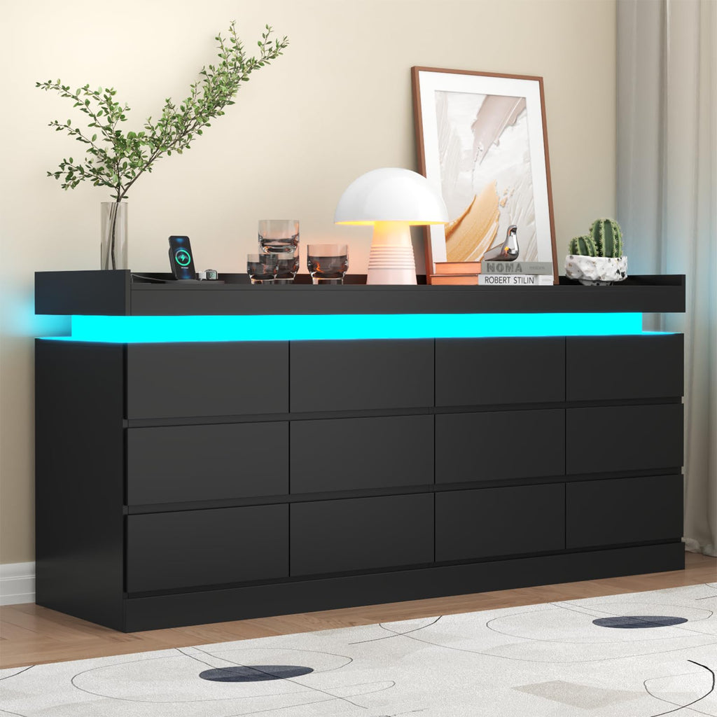 6 Drawer Dresser with Power Outlet, Dresser with LED Light, Modern Chest of Drawers for Closet, Double Wide Drawer Organizer Cabinet for Bedroom, Living Room (Black, 6 Drawers)