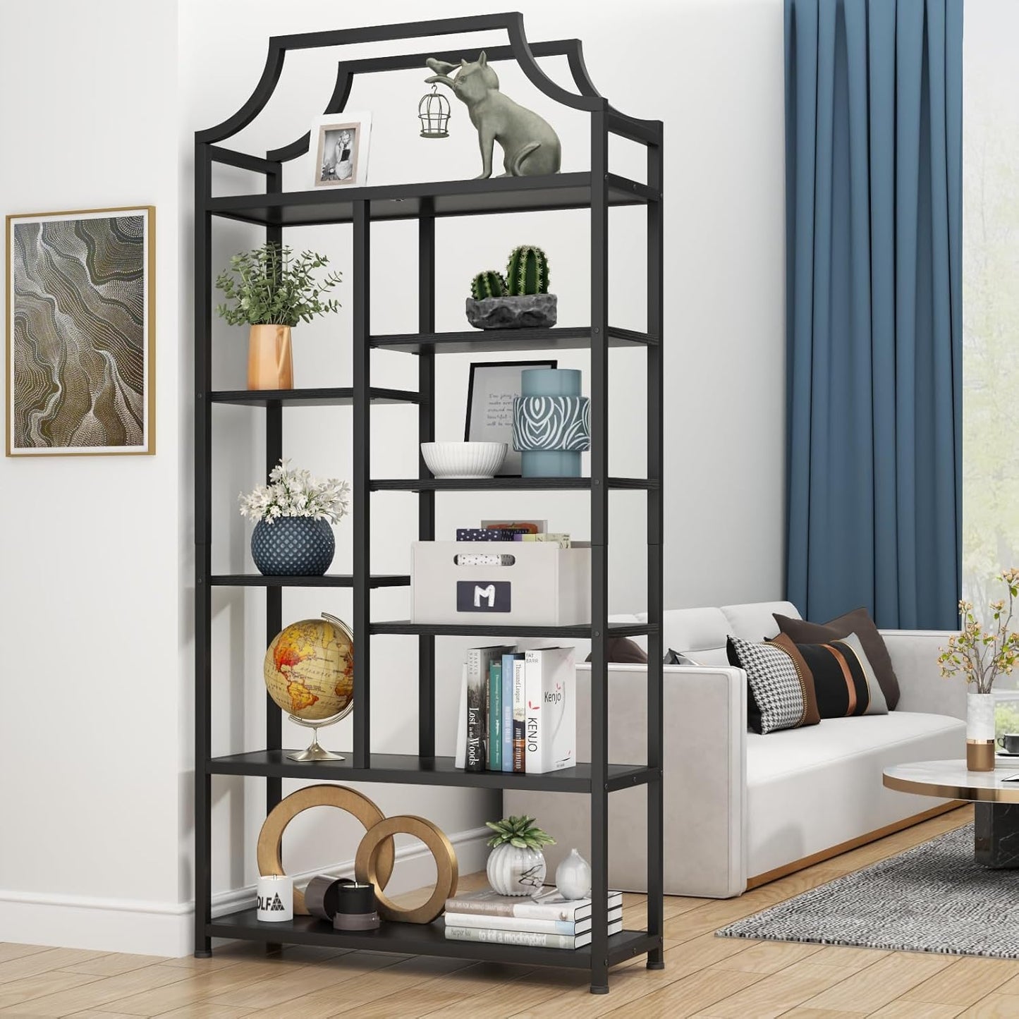 8-Tier Open Shelf Bookcase, 70.87"H x 31.5"L Lux Etagere Bookshelf, Modern Display Shelf with Black Metal Frame & Shelves,Tall Storage Display for Bedroom, Home Office & Living Room (Black)