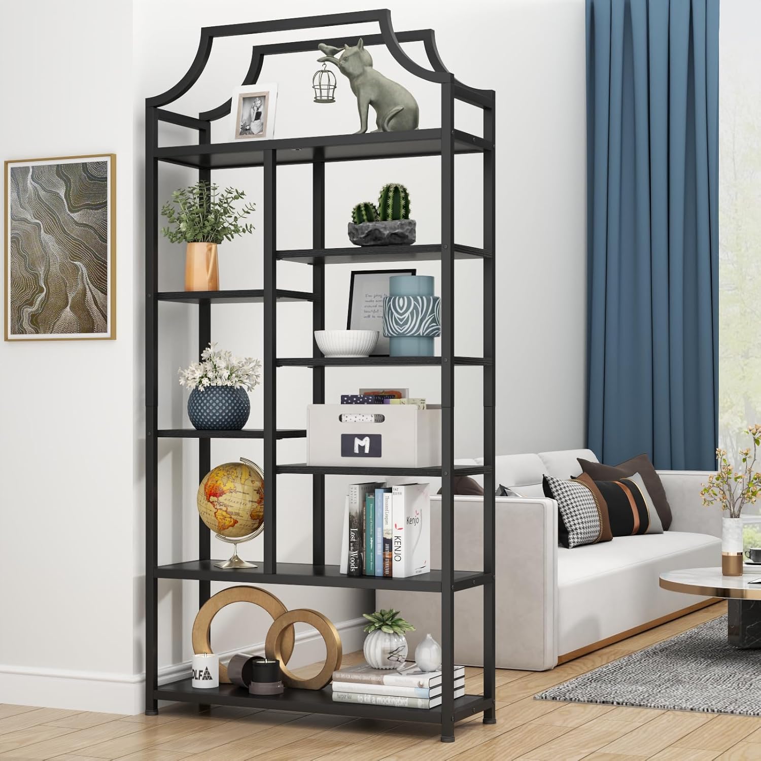 8-Tier Open Shelf Bookcase, 70.87"H x 31.5"L Lux Etagere Bookshelf, Modern Display Shelf with Black Metal Frame & Shelves,Tall Storage Display for Bedroom, Home Office & Living Room (Black)