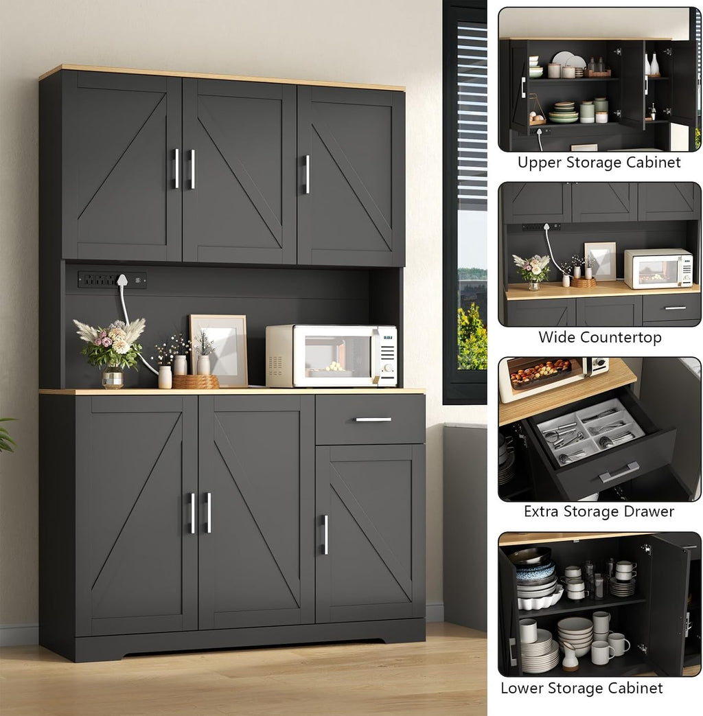 Gyfimoie 71’’ Farmhouse Kitchen Pantry Cabinet, Tall Storage Cabinet with Power Outlet, Freestanding Hutch with Drawer, 4 Adjustable Shelf & 6 Doors for Kitchen Living Room (Black)