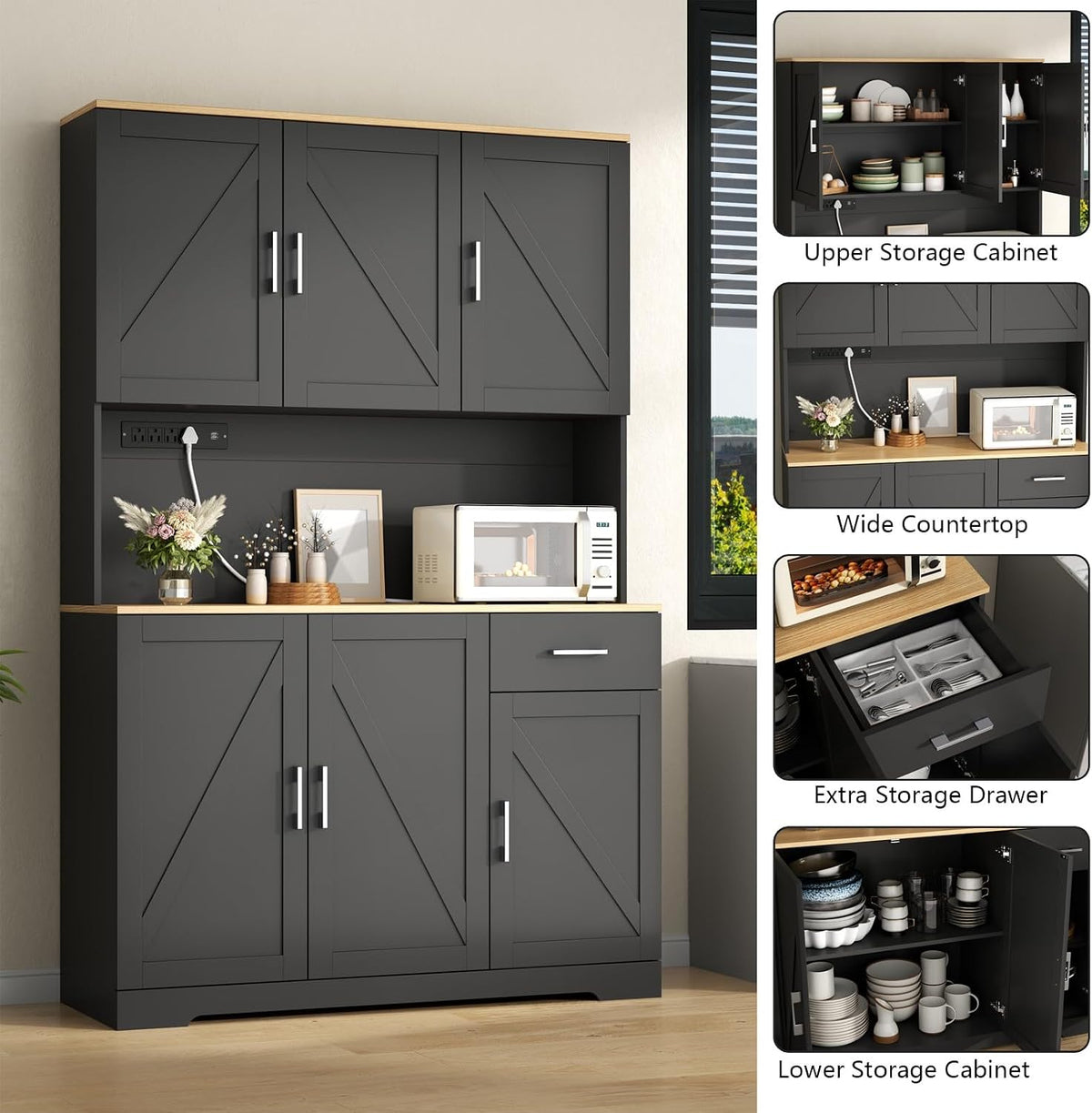Gyfimoie 71’’ Farmhouse Kitchen Pantry Cabinet, Tall Storage Cabinet with Power Outlet, Freestanding Hutch with Drawer, 4 Adjustable Shelf & 6 Doors for Kitchen Living Room (Black)