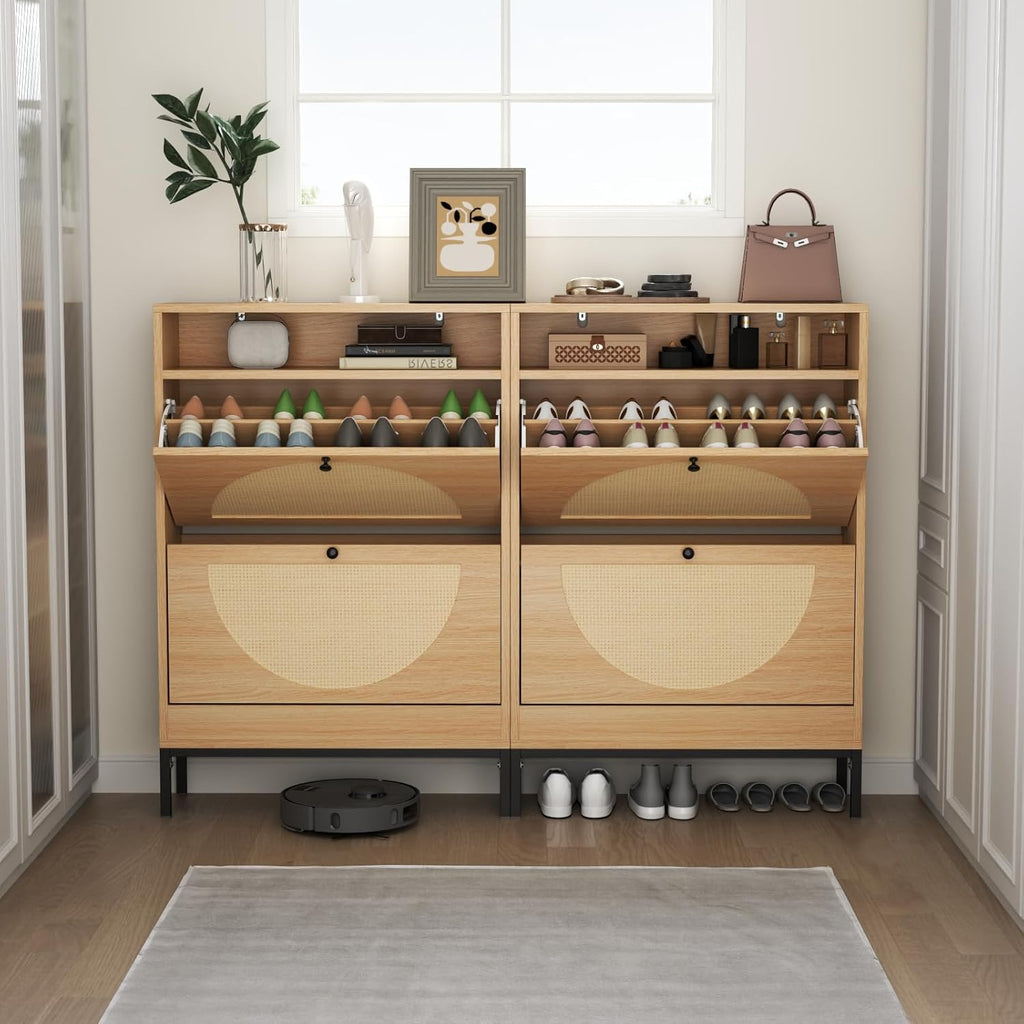 Rattan Shoe Cabinet with 2 Flip Drawers, Free Standing Narrow Shoe Storage Organizer with Top Cubby, Slim Shoe Rack Cabinet for Entryway, Natural (Natural)