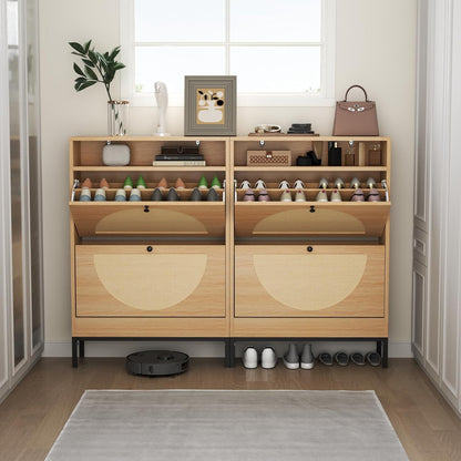 Rattan Shoe Cabinet with 2 Flip Drawers, Free Standing Narrow Shoe Storage Organizer with Top Cubby, Slim Shoe Rack Cabinet for Entryway, Natural (Natural)