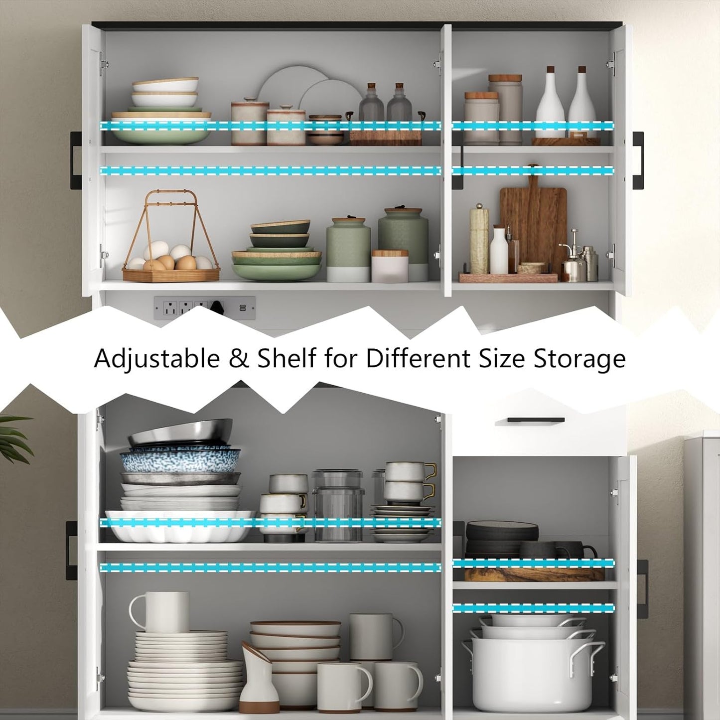 71’’ Farmhouse Kitchen Pantry Cabinet, Tall Storage Cabinet with Power Outlet, Freestanding Hutch with Drawer, 4 Adjustable Shelf & 6 Doors for Kitchen Living Room (White)