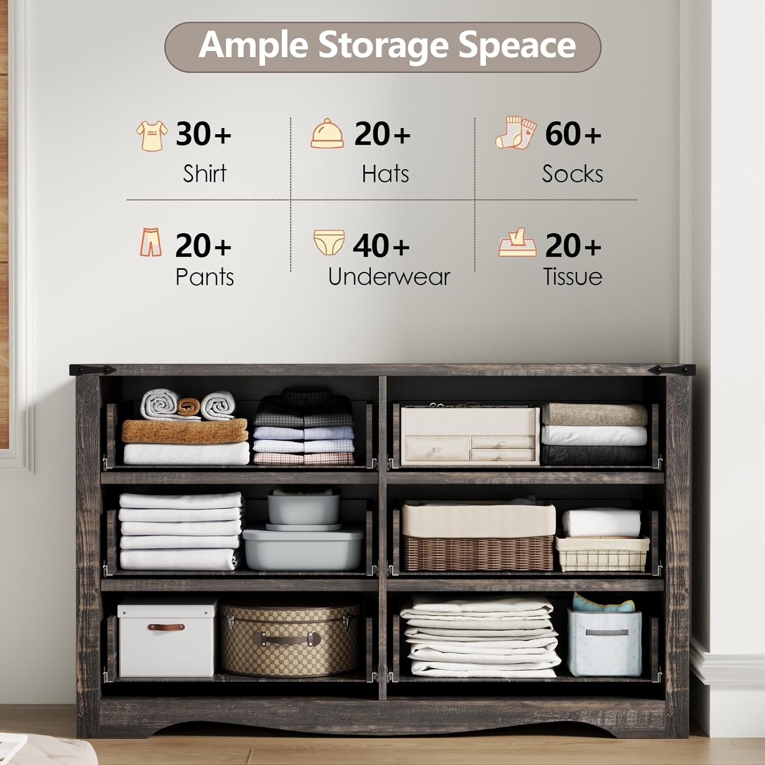 Farmhouse Dresser for Bedroom, Chest of Drawers with Natural Texture, Accent Storage Cabinet for Closet,Living Room (Dark Rustic Oak, 15.7" D x 46.4" W x 30.8" H(6 Drawers))