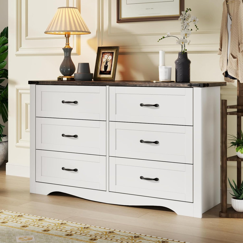 Farmhouse 6 Drawer Dresser for Bedroom, Wood Dresser Chest of Drawers, Wide Dressers Organizer with Metal Handles, Natural Texture Storage Cabinet for Closet, Living Room, Hallway (White)