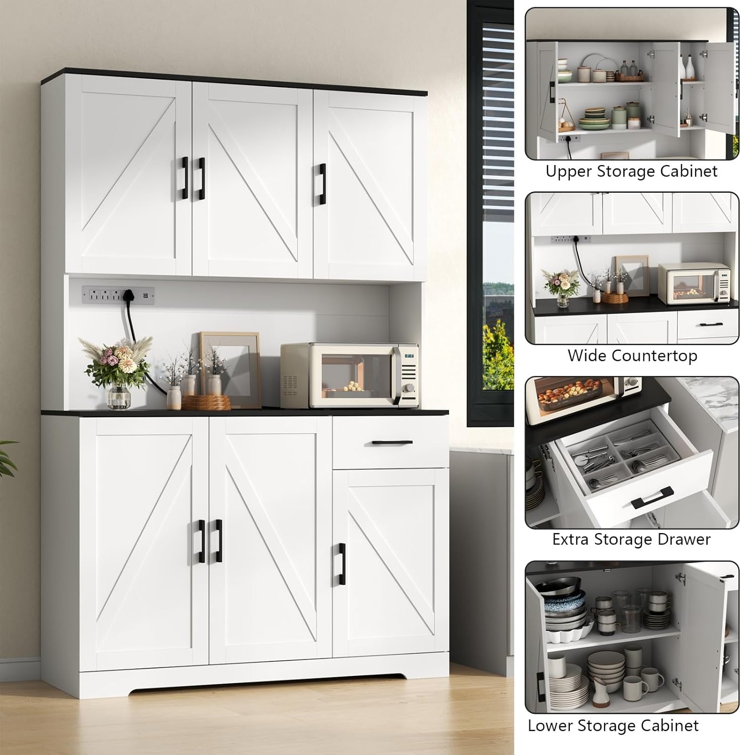 71’’ Farmhouse Kitchen Pantry Cabinet, Tall Storage Cabinet with Power Outlet, Freestanding Hutch with Drawer, 4 Adjustable Shelf & 6 Doors for Kitchen Living Room (White)