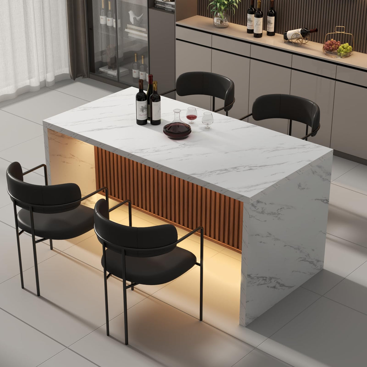 71" Large Imitation Marble Dining Table for 6-8 People, with LED Lights