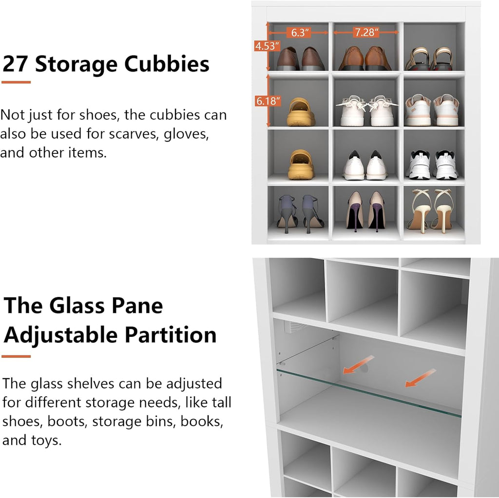 11-Tier Shoe Storage Cabinet, Wooden White Shoe Rack with 27 Cubbies, 69" Tall Free Standing Shoe Organizer with LED Lights & Adjustable Shelf for Entryway, Closet, Display Cabinet for Living Room