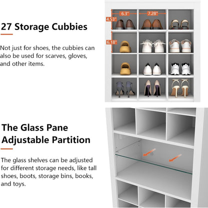 11-Tier Shoe Storage Cabinet, Wooden White Shoe Rack with 27 Cubbies, 69" Tall Free Standing Shoe Organizer with LED Lights & Adjustable Shelf for Entryway, Closet, Display Cabinet for Living Room