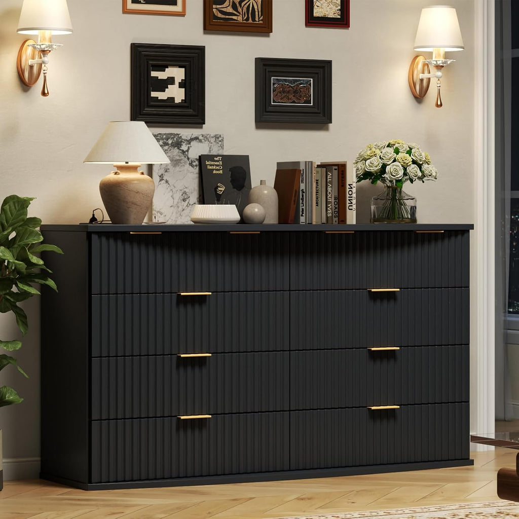 8 Drawer Dresser with Fluted Panel, 47.25" Wide Black Chest of Drawers with Power Outlet, Wooden Dresser Organizer with Sturdy Metal Handle, Modern Dresser TV Stand for Bedroom, Living Room, Entryway