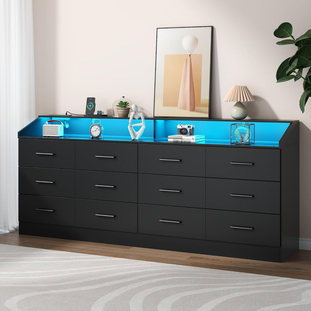 12 Drawer Dresser for Bedroom with Power Outlet,Modern Dresser w/ LED Light