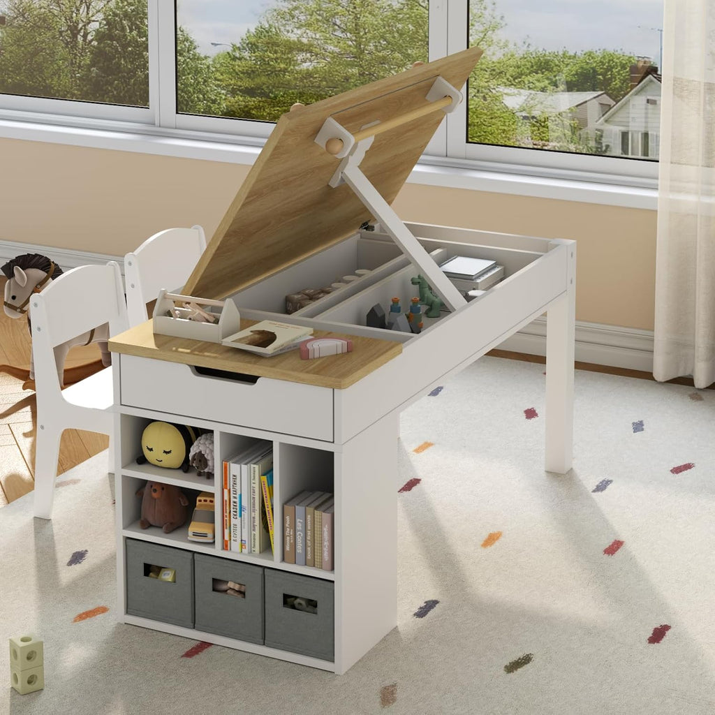Kids Art Table and 2 Chairs Set,3 in 1 Wooden Craft Desk with 2 Drawers,3 Fabric Drawers,Storage Shelf,Paper Roll,Learning and Reading, Activity Play Desk for Home