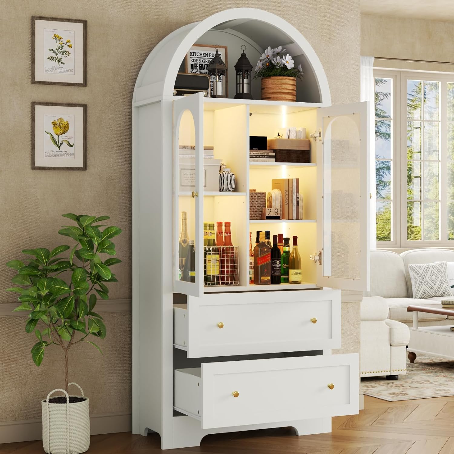 70" Tall Arched Bookcase with LED Lights, Modern Curved Cabinet with Glass Door, Arched Bookshelf Cabinet with 2 Storage Drawers, Display Storage Cabinet with Adjustable Shelves for Living Room,White