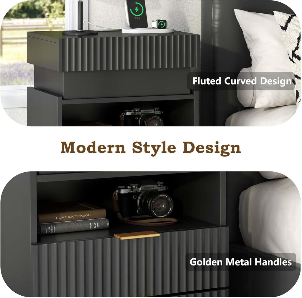Nightstand Set of 2 with Charging Station and LED Lights, Fluted Night Stand with 2 Drawers &Open Shelf,Modern Bedside Table w/Hidden Compartment for Bedroom,End Side Table for Living Room (2, Black)