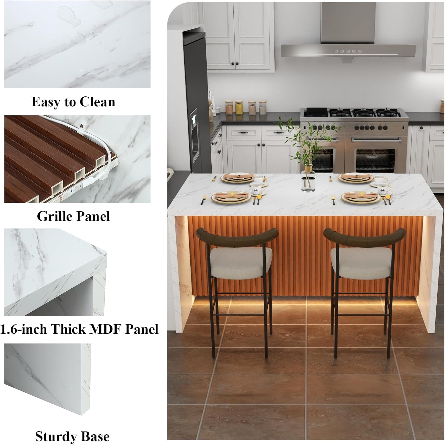 63" Large Imitation Marble Dining Table for 4-6 People(Patent Pending),Island Table with LED Lights, Mordern Marble Stripes Kitchen Dining Table with Grille design for Dining Room,Living Room (White)