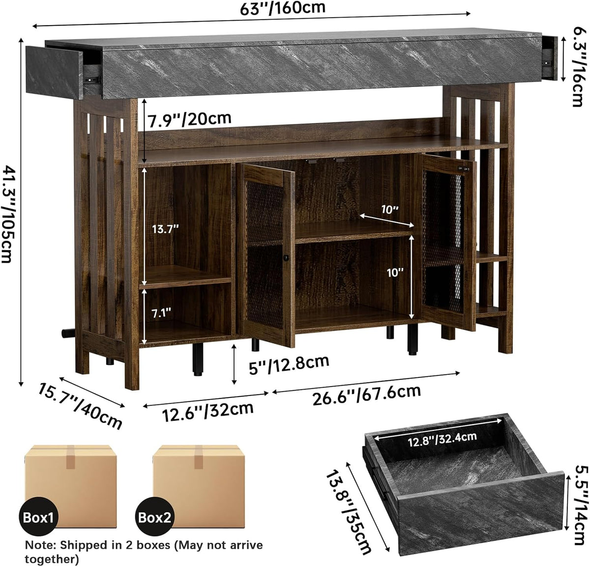 4-Tier Home Bar Unit, 63-Inch Wooden & Dark Gray Marble Bar Cabinet, LED Liquor Bars Station with Footrest, Wine Rack, Cabinet Door and 2 Drawers, Modern Bars Table with Storage for Home, Pub (Brown)
