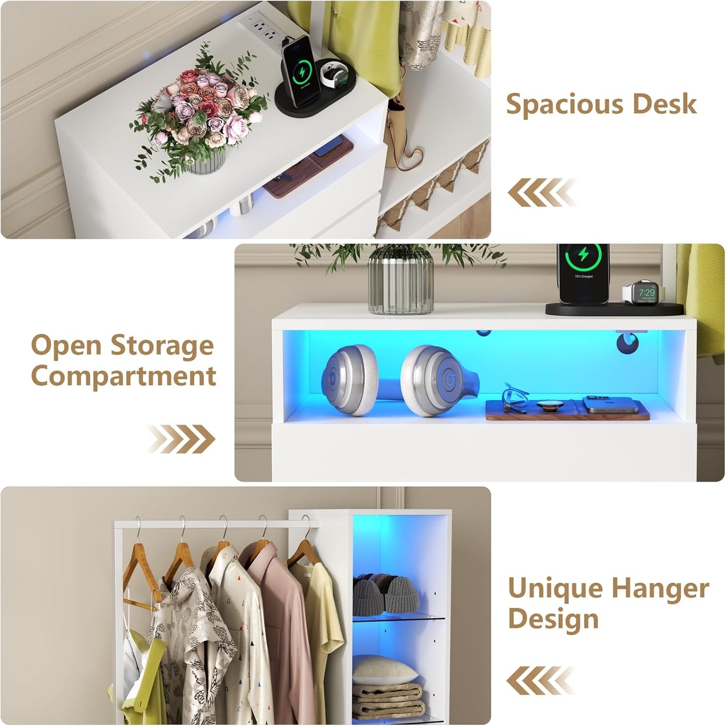 Dresser with Hanging Rack, 3 Drawers Dresser with Charging Station & LED Lights, 55" Chest of Drawers with Open Storage & Adjustable Shelves for Clothes, White Modern Dresser for Bedroom, Closet