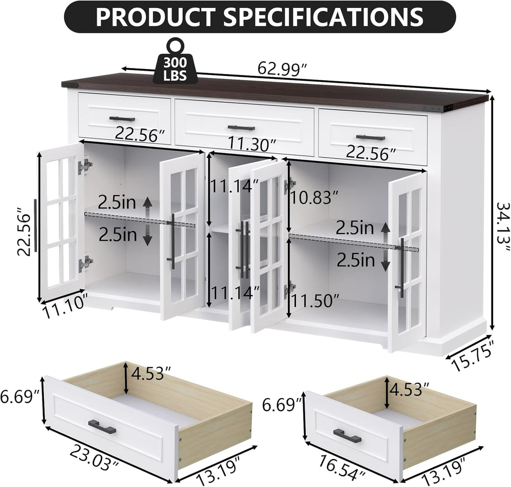 63" Sideboard Buffet Cabinet with Glass Doors, Farmhouse Large Buffet Table with 3 Storage Drawers, Modern Coffee Bar Wine Bar Cabinet with Adjustable Shelves for Kitchen, Dining Room, White