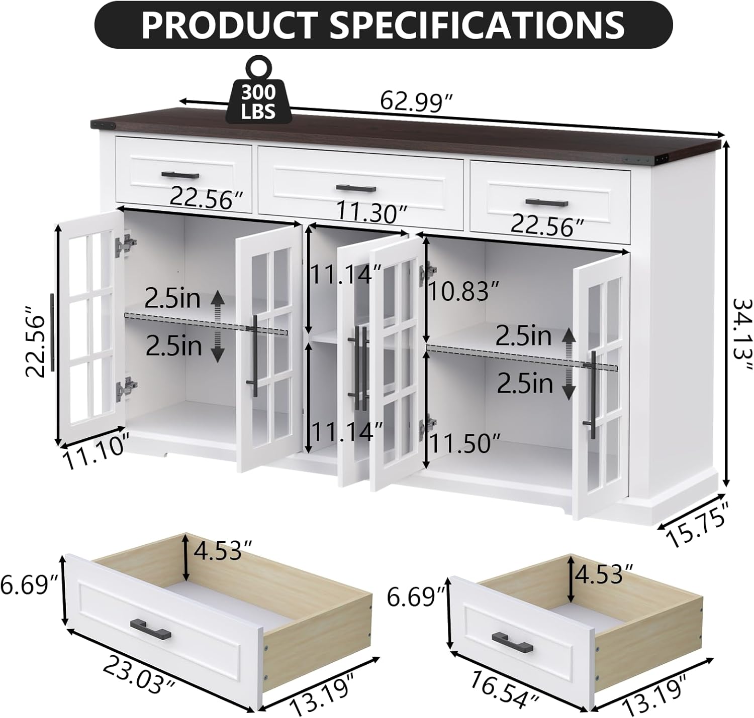 63" Sideboard Buffet Cabinet with Glass Doors, Farmhouse Large Buffet Table with 3 Storage Drawers, Modern Coffee Bar Wine Bar Cabinet with Adjustable Shelves for Kitchen, Dining Room, White