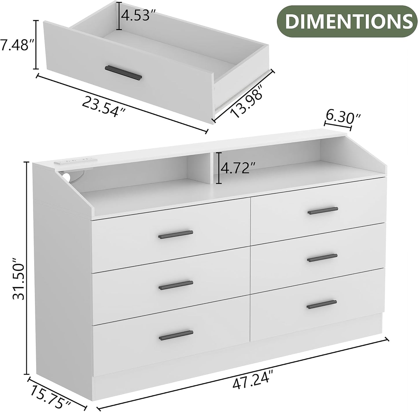 White Dresser for Bedroom, 6 Drawer Dresser with Charging Station, Chests of Drawers with LED Lights, Modern Double Dresser, Storage Cabinet with Drawers for Living Room, Hallway