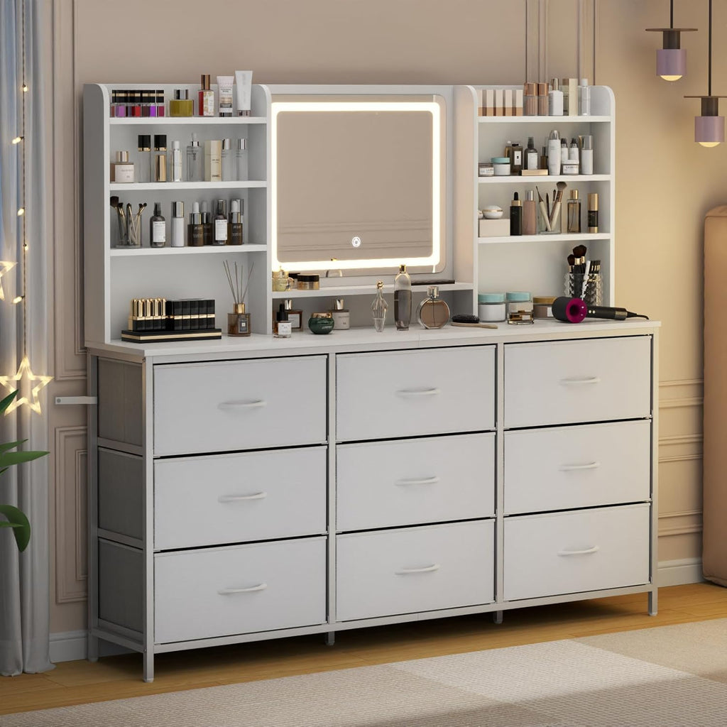 Dresser with Mirror for Bedroom, 59" W Chest of Drawers with LED Mirror, White Dresser with 9 Large Fabric Drawers, Modern Makeup Table Vanity Desk with 6 Storage Shelves, 3 Lighting Modes