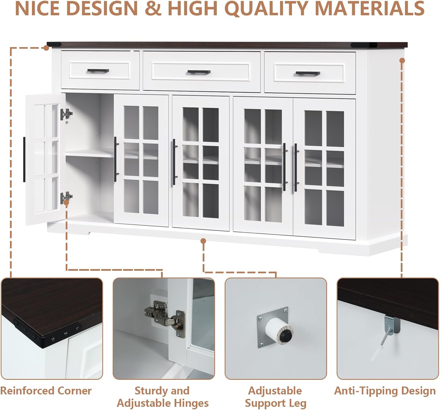 63" Sideboard Buffet Cabinet with Glass Doors, Farmhouse Large Buffet Table with 3 Storage Drawers, Modern Coffee Bar Wine Bar Cabinet with Adjustable Shelves for Kitchen, Dining Room, White