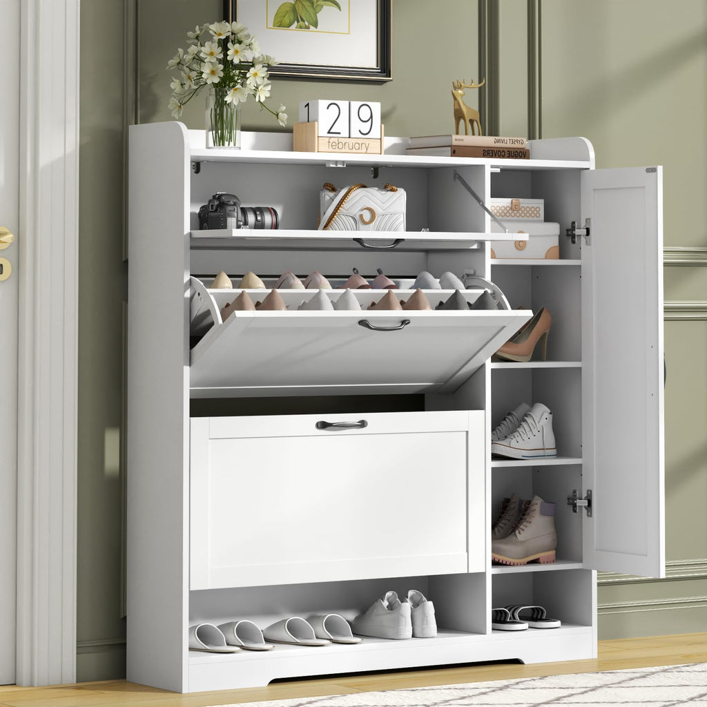 Shoe Cabinet with 2 Flip Drawers & 1 Drawer, Shoe Storage Cabinet with Sidecabinet for Entryway, Slim Freestanding Shoe Cabinet Organizer with Adjustable shelf, Narrow Hidden Shoe Rack, Black