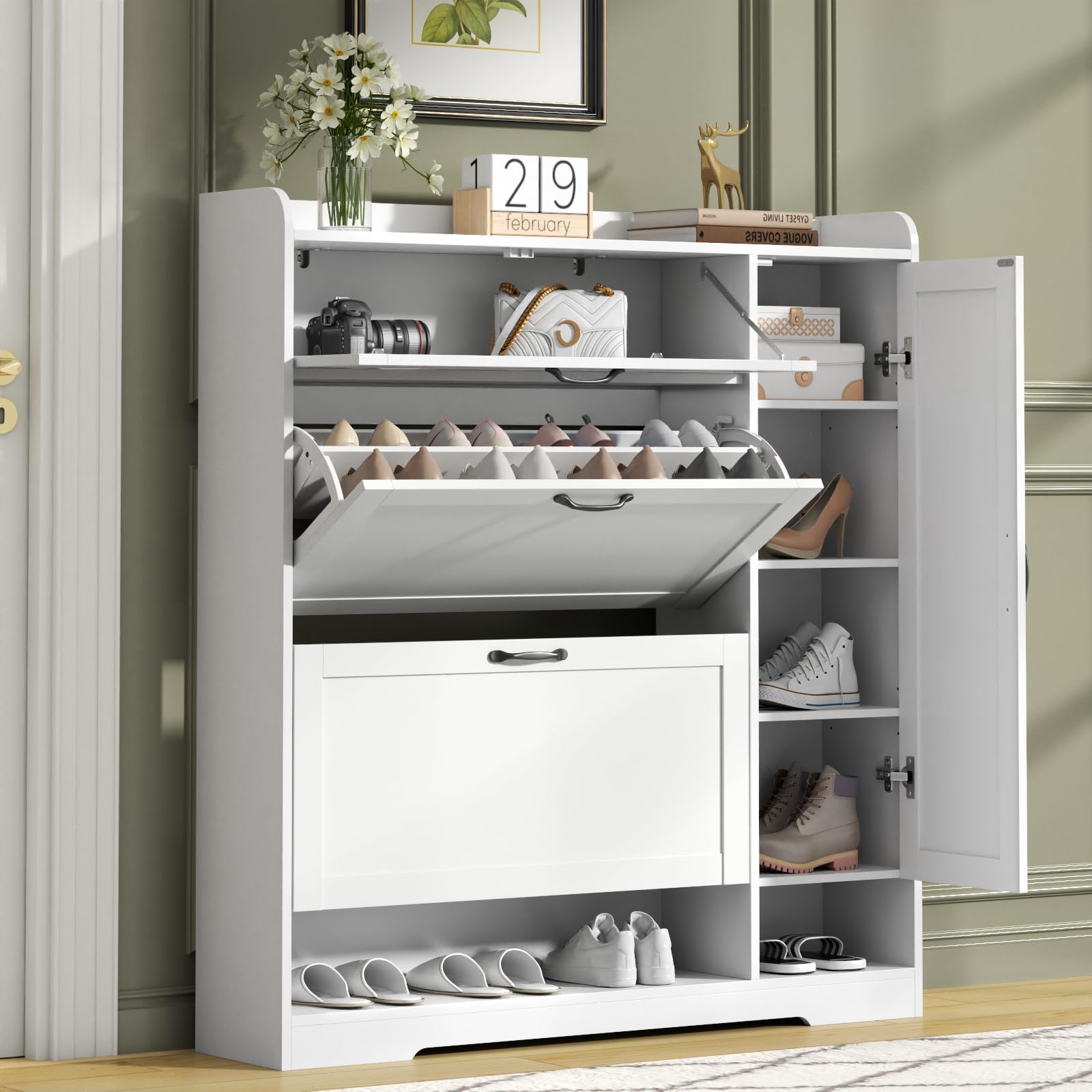 Shoe Cabinet with 2 Flip Drawers & 1 Drawer, Shoe Storage Cabinet with Sidecabinet for Entryway, Slim Freestanding Shoe Cabinet Organizer with Adjustable shelf, Narrow Hidden Shoe Rack, Black