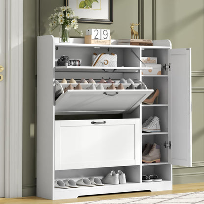 Shoe Cabinet with 2 Flip Drawers & 1 Drawer, Shoe Storage Cabinet with Sidecabinet for Entryway, Slim Freestanding Shoe Cabinet Organizer with Adjustable shelf, Narrow Hidden Shoe Rack, Black