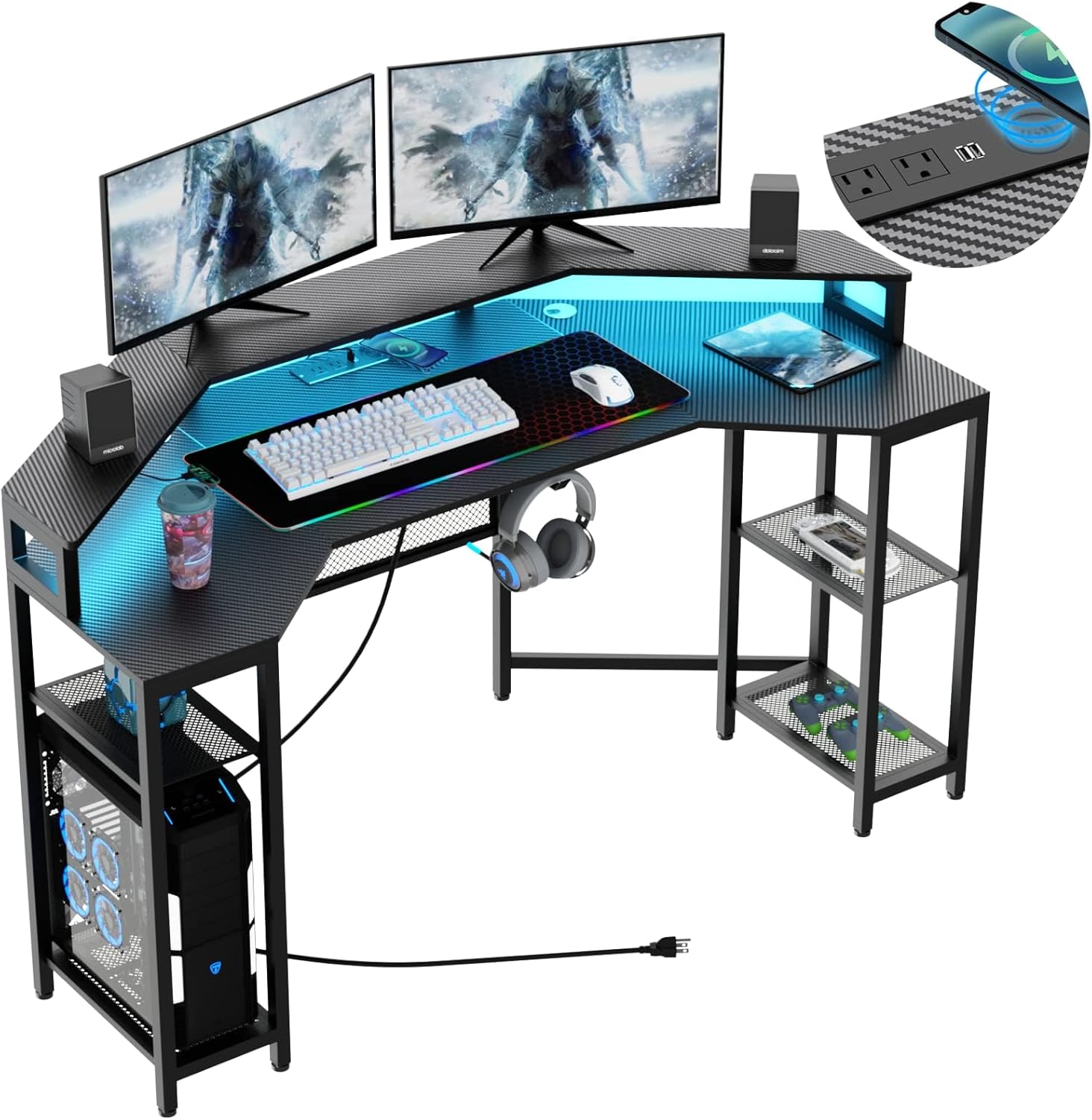 Gaming Desk with Power Outlets & LED Lights, 63" Wing-Shaped Computer Desk with Full Monitor Stand,Wireless Charging,Shelves,RGB Mouse Pad, Studio Desk Corner Desk with Headphone Hook (Black)