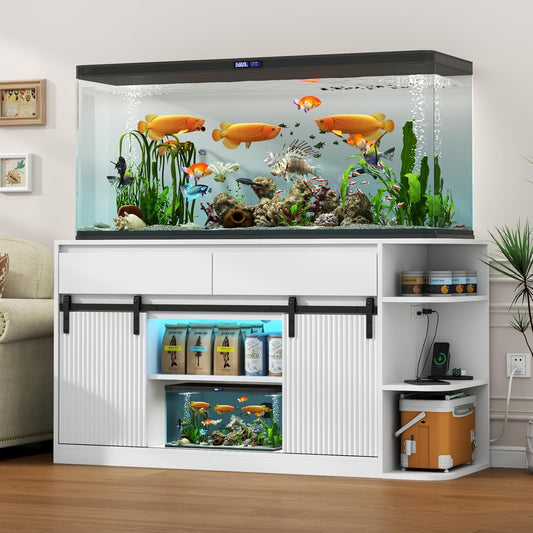 Fish Tank Stand with Power Outlets, Heavy Duty Aquarium Stand with LED Lights and Sliding Fluted Doors, White Storage Cabinet with 2 Large Drawers for Fish Tank, 1000 LBS Capacity