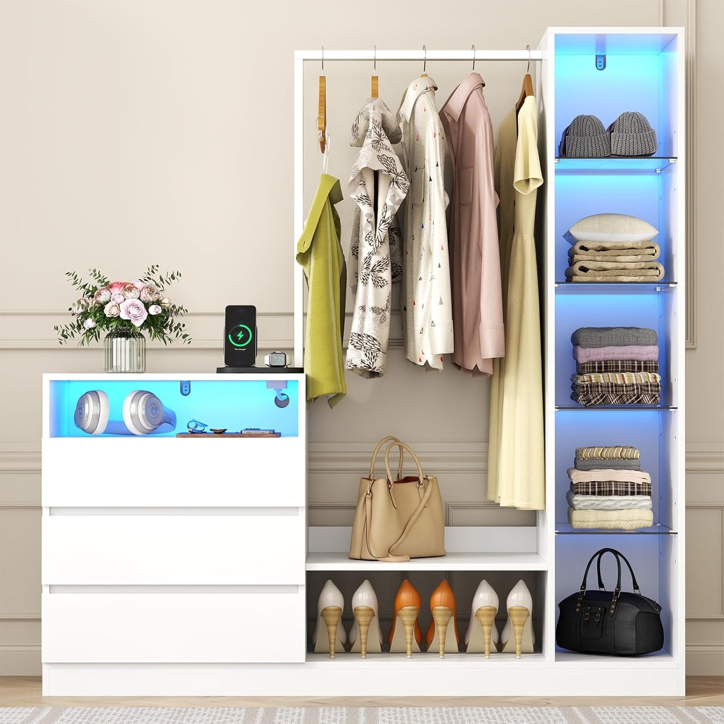 Dresser with Hanging Rack, 3 Drawers Dresser with Charging Station & LED Lights, 55" Chest of Drawers with Open Storage & Adjustable Shelves for Clothes, White Modern Dresser for Bedroom, Closet