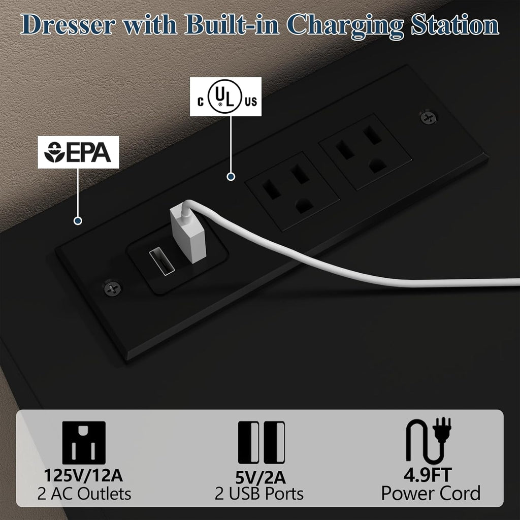 63" Wide 6-Drawer Black Dresser with Divided Compartments, Charging Station & LED Lights, TV Stand for TVs up to 75", Large Organizer with 4 Open Cubbies