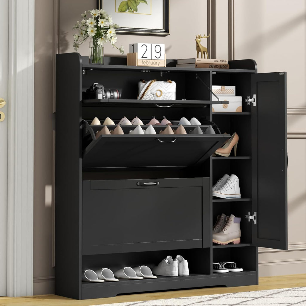 Shoe Cabinet with 2 Flip Drawers & 1 Drawer, Shoe Storage Cabinet with Sidecabinet for Entryway, Slim Freestanding Shoe Cabinet Organizer with Adjustable shelf, Narrow Hidden Shoe Rack, Black