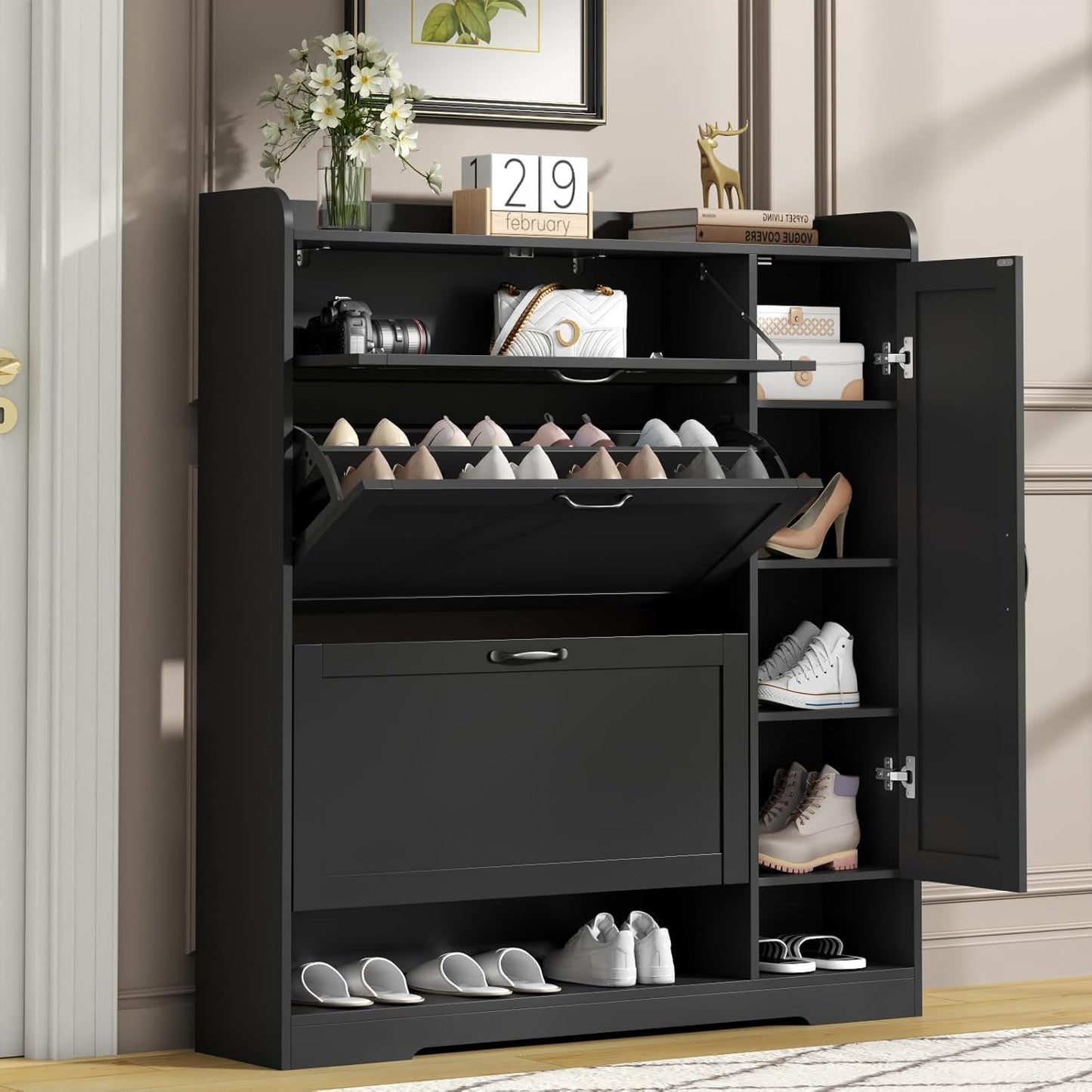 Shoe Cabinet with 2 Flip Drawers & 1 Drawer, Shoe Storage Cabinet with Sidecabinet for Entryway, Slim Freestanding Shoe Cabinet Organizer with Adjustable shelf, Narrow Hidden Shoe Rack, Black