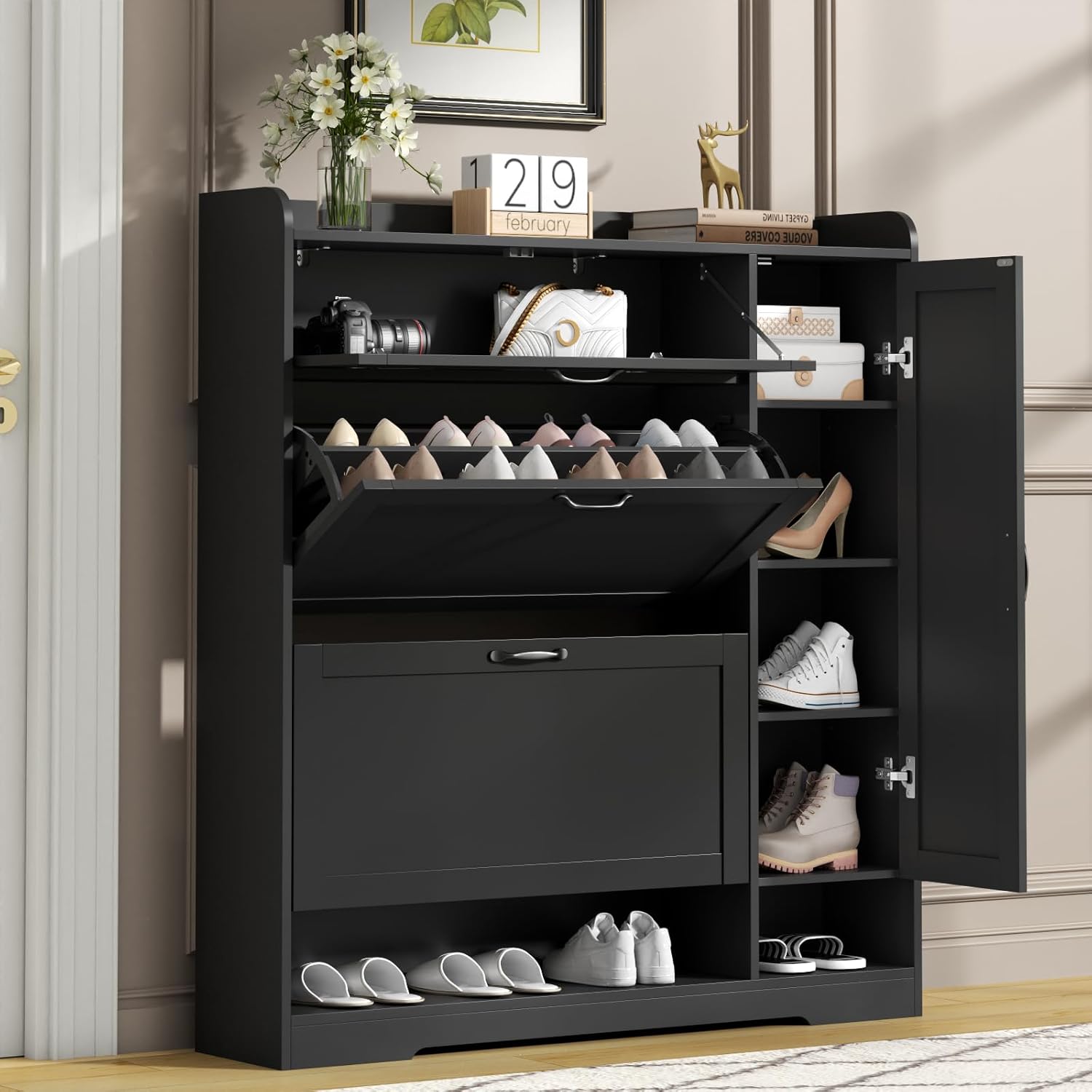 Shoe Cabinet with 2 Flip Drawers & 1 Drawer, Shoe Storage Cabinet with Sidecabinet for Entryway, Slim Freestanding Shoe Cabinet Organizer with Adjustable shelf, Narrow Hidden Shoe Rack, Black